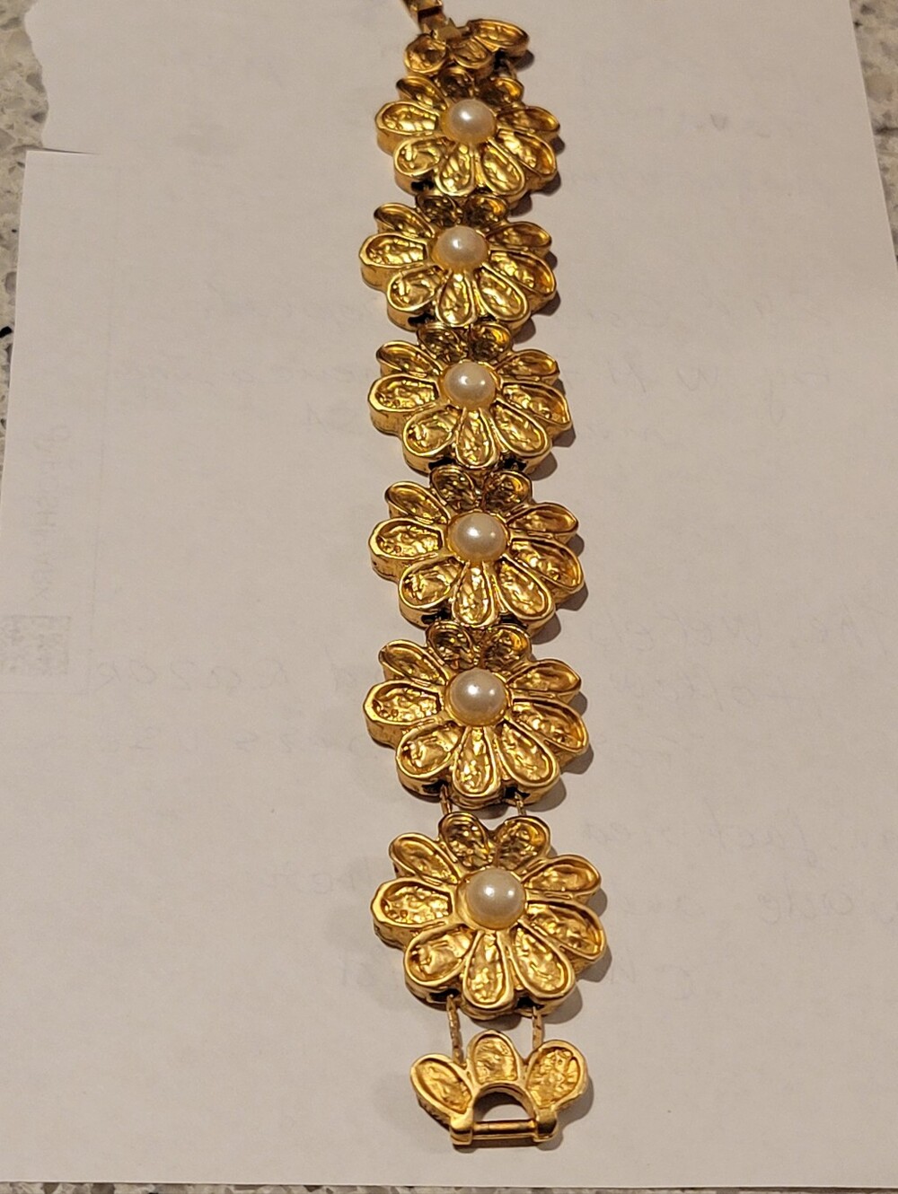 Vintage Beautiful Gold Flower Pearl Bracelet By Anne Chaz,signed.